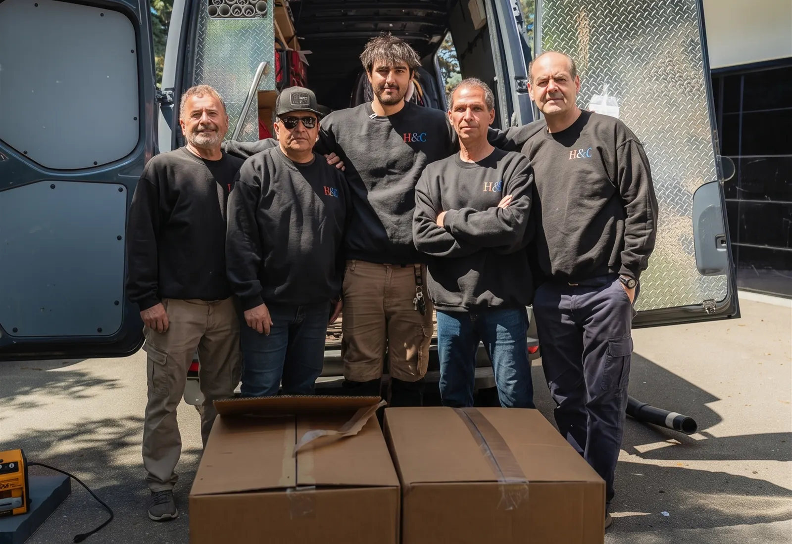 The H&C Heating and Cooling crew in front of a fully stocked work van